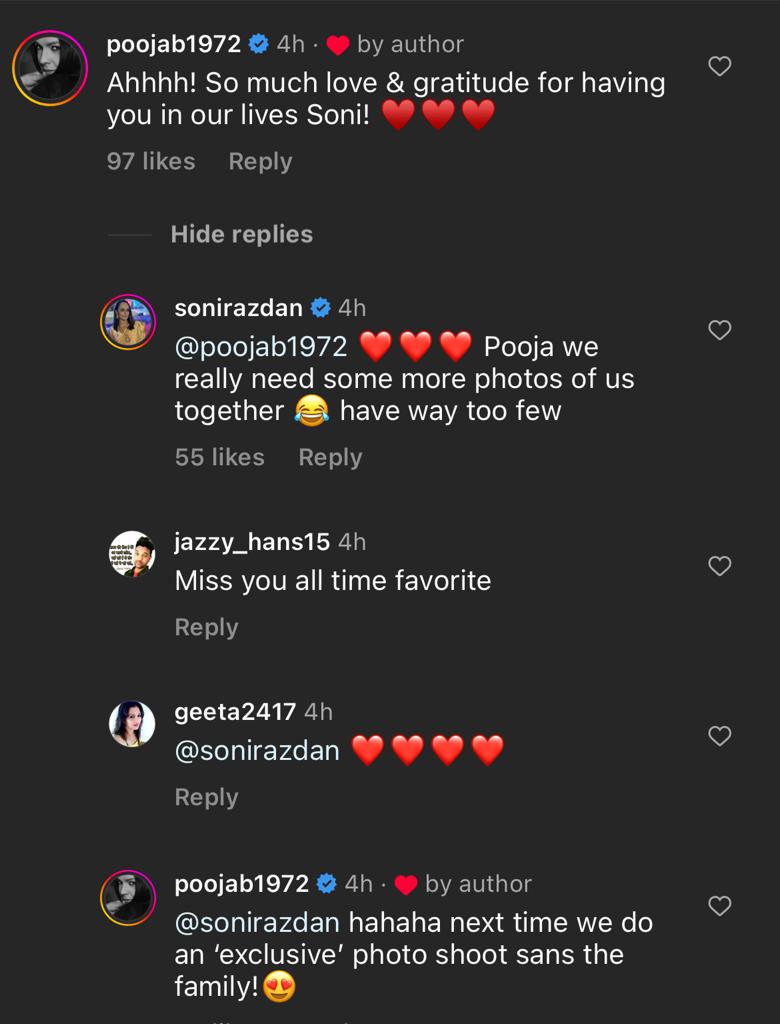 Pooja Bhatt replies on Soni Razdan's post