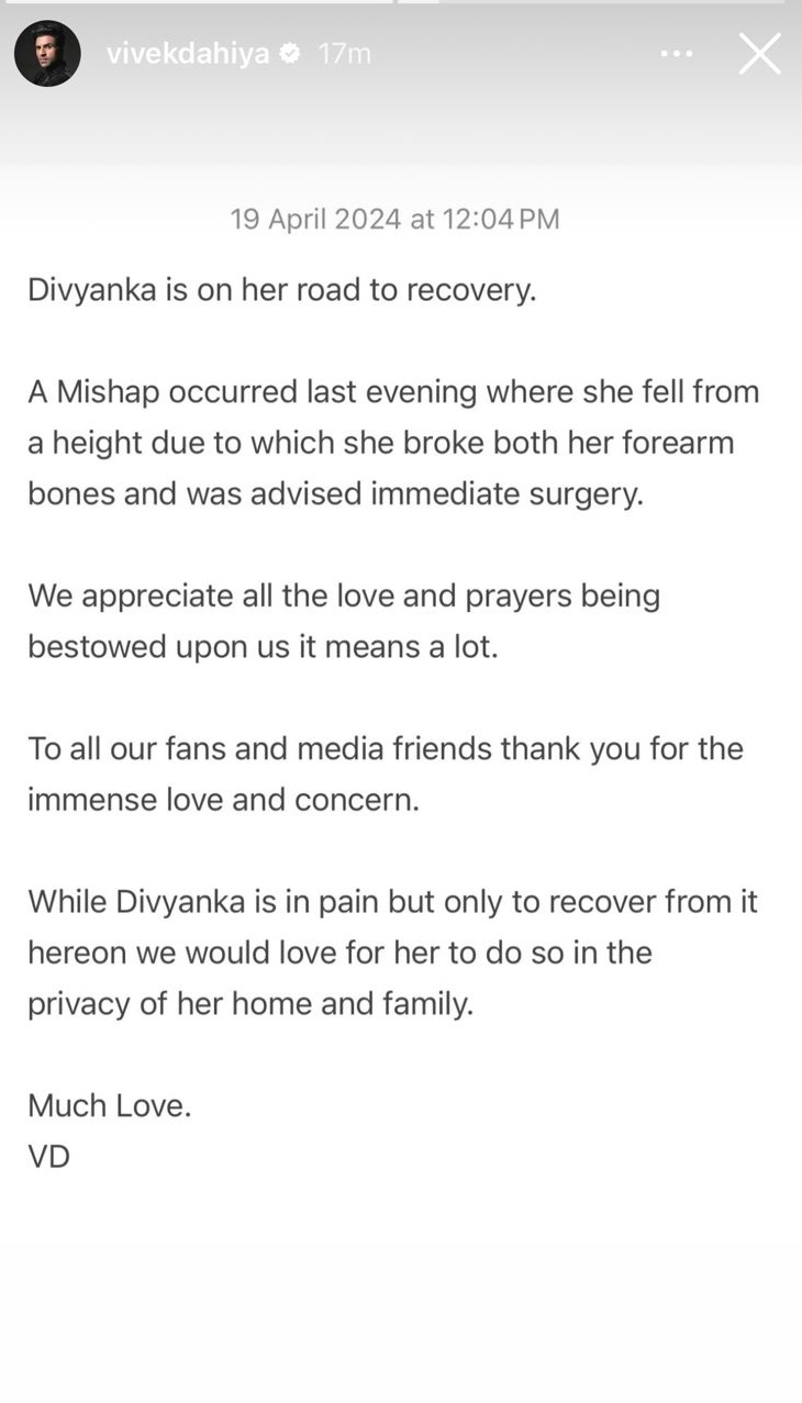 Vivek Dahiya shares Divyanka Tripathi's latest health update